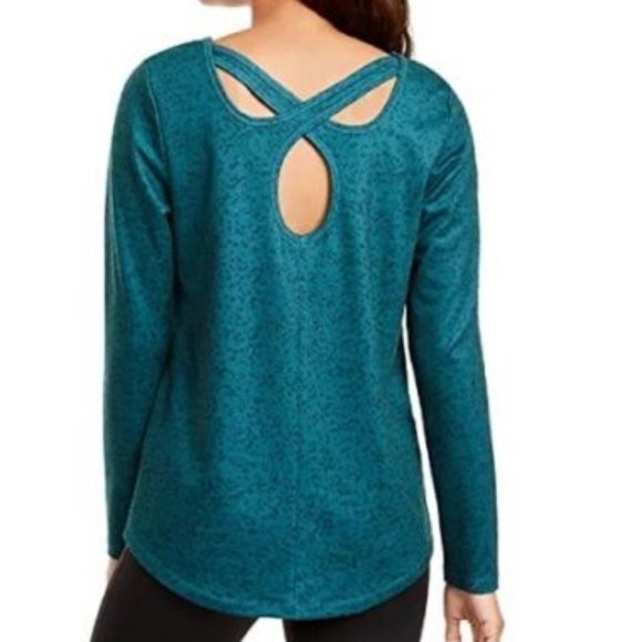 Ideology Women Blouse French Terry Long Sleeve Printed Cutout-Back Tee Green S - Picture 2 of 4